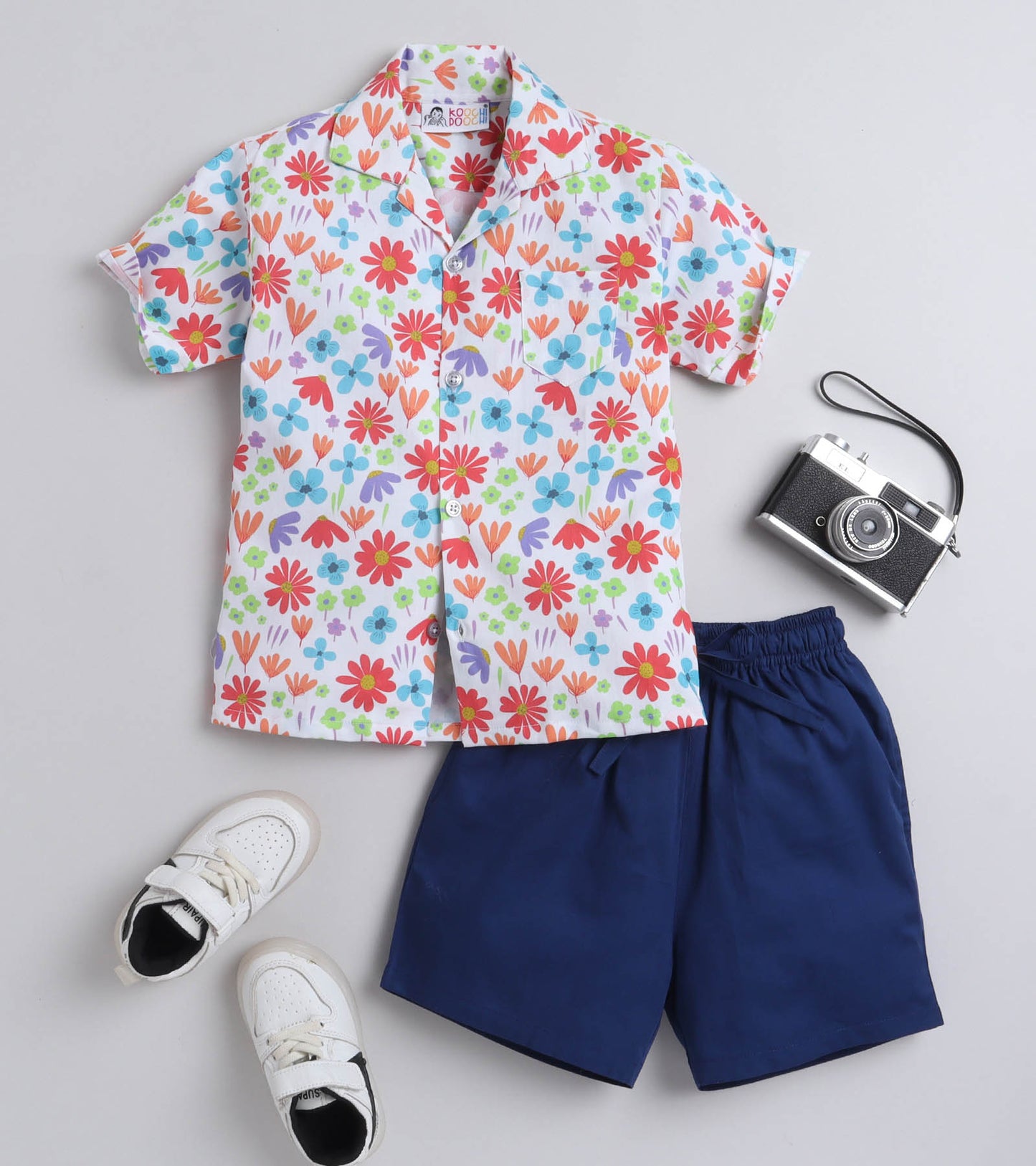 Red Flower Digital printed Shirt with Blue solid Shorts