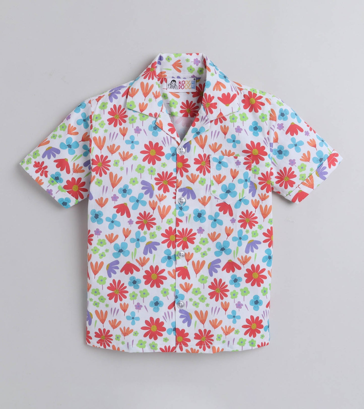 Red Flower Digital printed Shirt with Blue solid Shorts