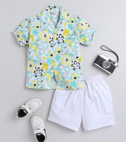 Reverse Flower Digital printed Shirt with White solid Shorts