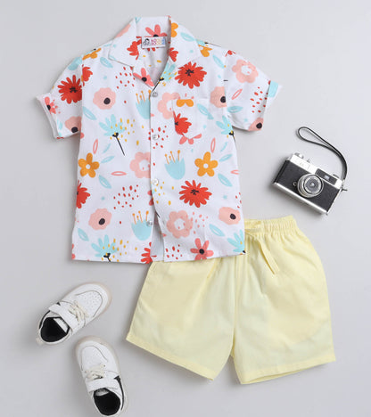 Tulip Flower Digital printed Shirt with Yellow solid Shorts