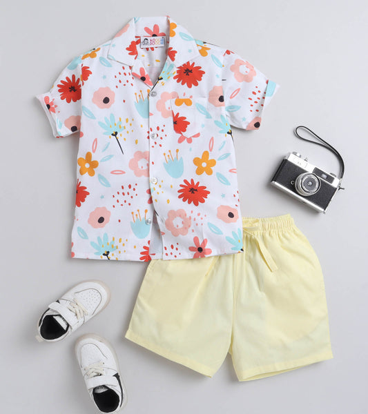 Tulip Flower Digital printed Shirt with Yellow solid Shorts