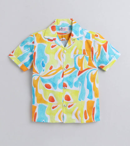Water colour Digital printed Shirt with Blue solid Shorts