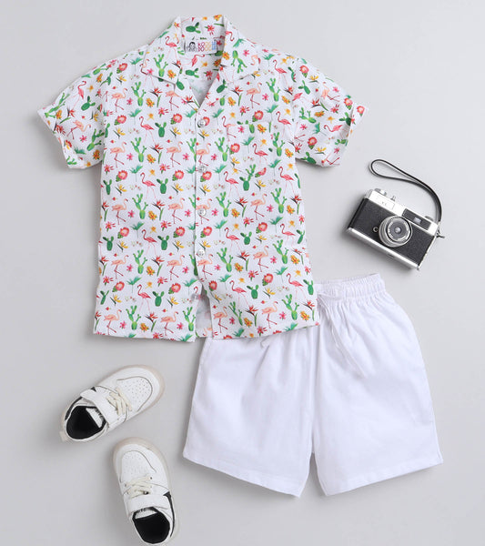 Flamingo Digital printed Shirt with White solid shorts